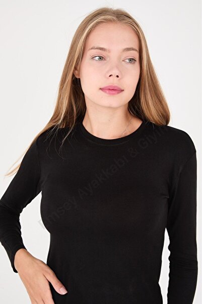 EMSEY Sıfır Yaka Uzun Kollu Siyah Beyaz Esnek Likralı Penye Badi Body