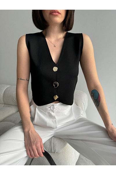 Lusin Women's Black V-Neck Stylish Button Detailed Summer Fabric Knitwear Vest