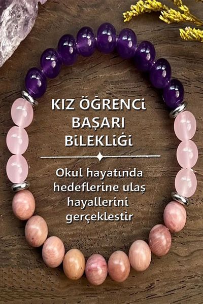 NehirTaş 8 mm Certified Natural Stone - Female Student Success Bracelet (Amethyst, Pink Quartz, Rhodonite)