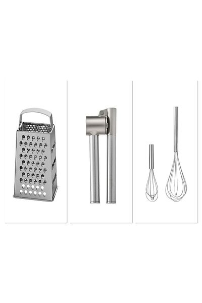 IKEA مضرب مكون من قطعتين (بوبوستا) + مبشرة فولاذية (مثالية) + هراسة ثوم فولاذية (كونسيس)