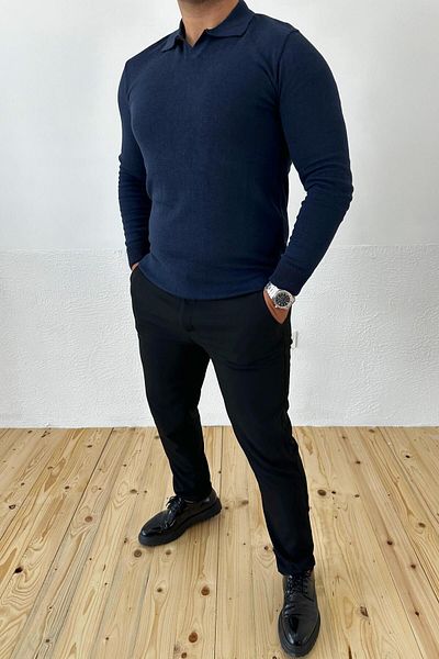 VİP LOKAL Pulover de tricotaj albastru bleumarin slim cu gât polo