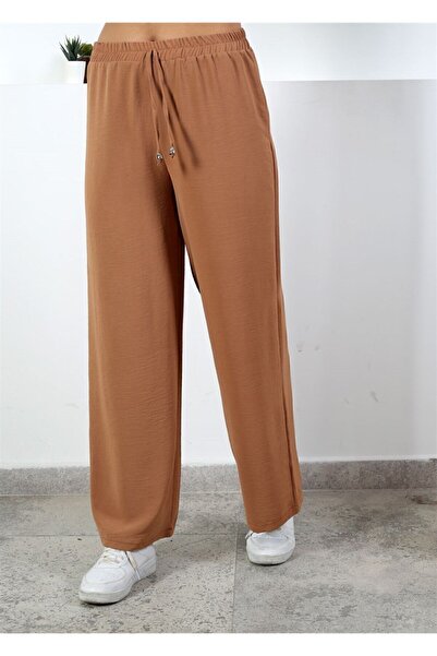 Moda Bu Dámské hnědé letní kalhoty s elastickým pasem a širokými nohavicemi Aerobin-86582900