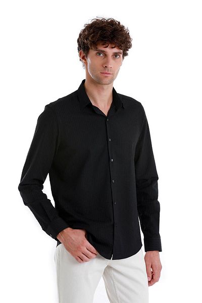 Hatemoğlu Μαύρο Comfort Fit Μασίφ 100% βαμβακερό μακρυμάνικο αθλητικό πουκάμισο με λεπτή λαιμόκοψη