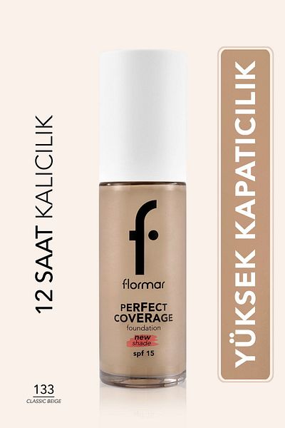 Flormar Perfect Coverage Yoğun Kapatıcı Su Bazlı Fondöten (Sıcak Alt Ton) -133 Classic Beige -8682536070591