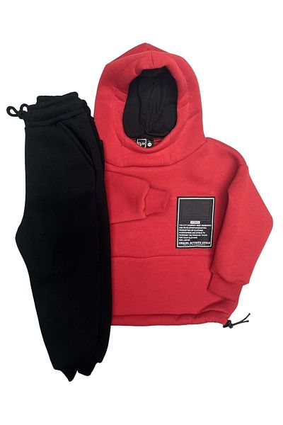 Cloise 3 Thread Raster Mask and Hooded Red-black Children's Tracksuit Set
