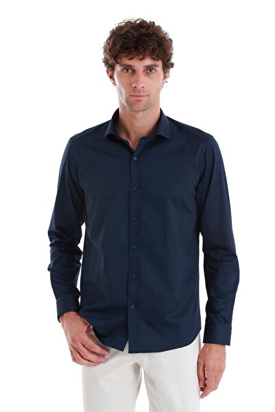 Hatemoğlu Navy Blue Slim Fit Plain 100% Cotton Light Italian Collar Long Slee...