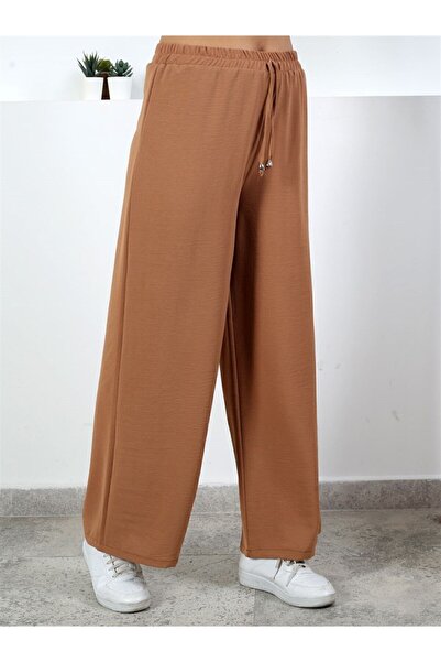 Moda Bu Dámské hnědé letní kalhoty s elastickým pasem a širokými nohavicemi Aerobin-86582900