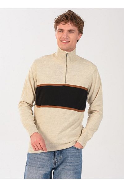 People By Fabrika Men's Block Sand Sweater - Zip Collar, 23Tr14 Model