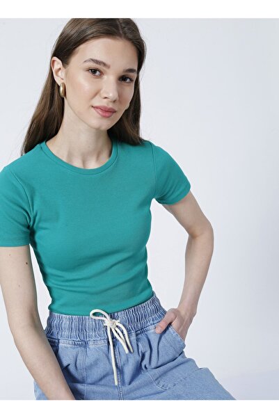 Fabrika Bisiklet Yaka Basic Fitilli Yeşil Kadın T-shirt - Teo