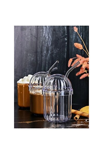 Genel Markalar 2 Adet Smoothie Bardak Akrilik Bardak Kapaklı Ice Latte Bubble Tea Soğuk İçecek Cam Pipet Hediyeli