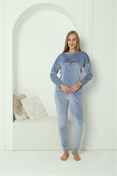 Akbeniz Costum de pijama albastru din catifea pentru femei 20624