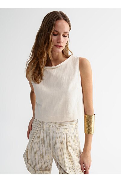 Fabrika Kayık Yaka Düz Bej Kadın Bluz Vatı