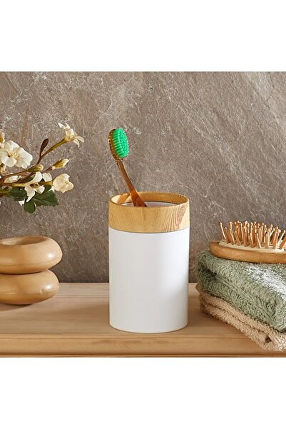 Mutfak Köşesi Limpia Bambu Desenli Beyaz 5'li Banyo Seti Çöp Kovası, Sıvı Sabunluk, Diş Fırçalık