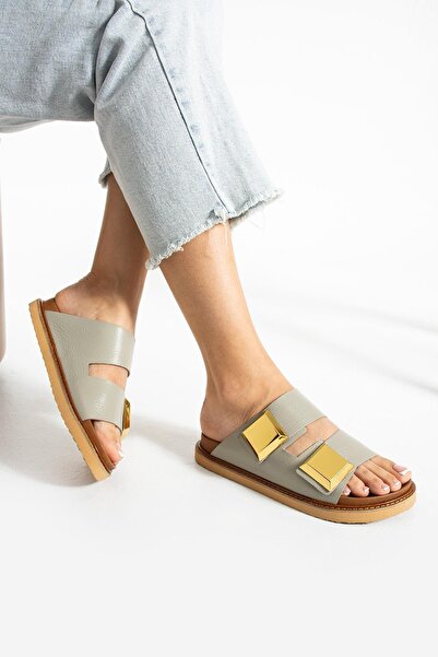 FOLLİNİ Γκρι γυναικείες παντόφλες από γνήσιο δέρμα