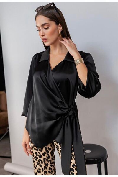 OVAO NOUA SEZONĂ GULER DE CAMĂȘĂ CU MÂNECĂ ELASTIC SATIN ELEGANT BLUZ