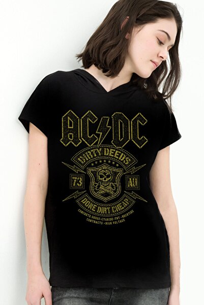 ROCKANDROLL Tricou cu mânecă scurtă cu glugă neagră Snowy Acdc pentru femei