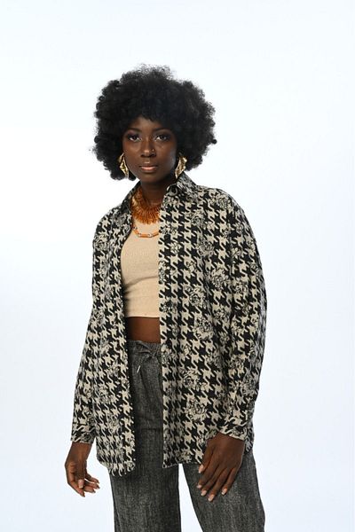 Orfeo Negro Oversize Cut - Γυναικείο πουκάμισο, Houndstooth και μοτίβο τριαντάφυλλου