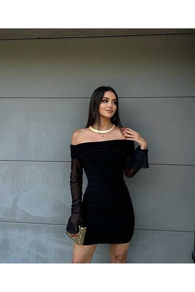 OlaLady Γυναικείο Μίνι Φόρεμα με μανίκια από σιφόν και ντραπέ - Ισπανικό Sle, γιακάς Madonna