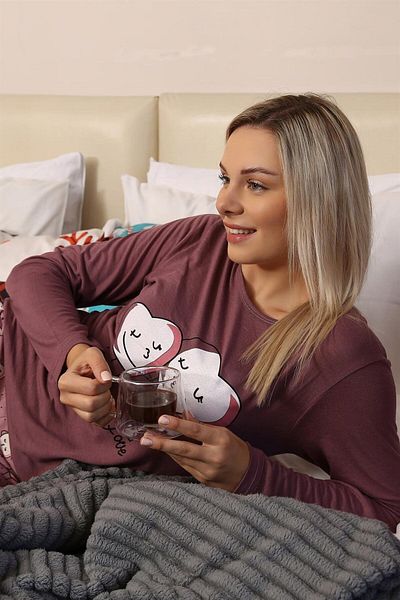 Akbeniz Dámský česaný bavlněný pyžamový oblek s dlouhým rukávem Fashion Line 4187