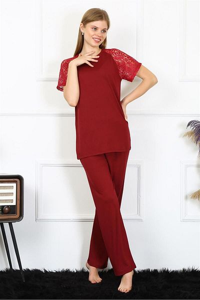 Akbeniz Set pijamale de damă din bumbac pieptănat cu mâneci din dantelă - 4152