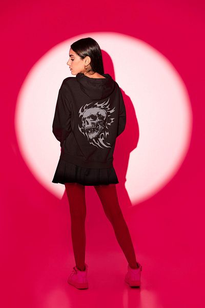 WİDİ Street Style Back Printed Skull Regular Fit 100% Cotton Black Sweatshirt