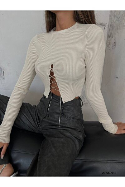 Butik Triko Yaka Taş Detay Uzun Kol Crop