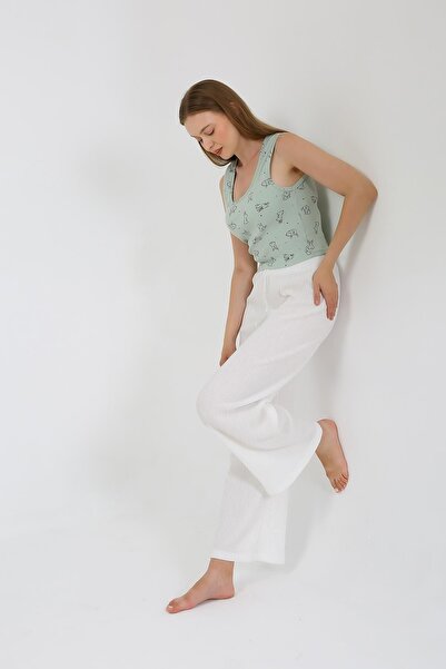 Akbeniz Λευκό γυναικείο κορμάκι και παντελόνι - Χοντρό λουράκι, φαρδύ πόδι 4219