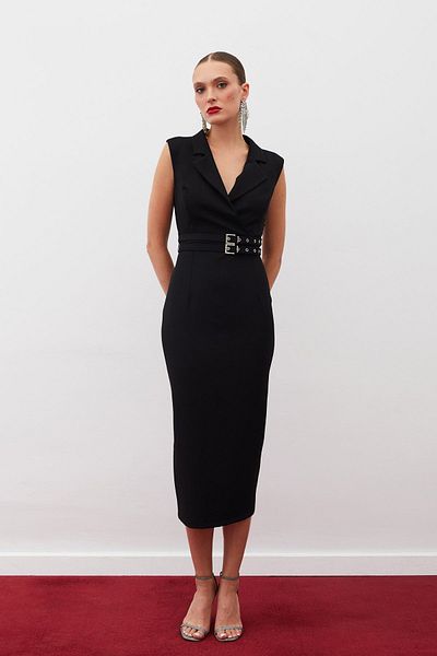 Sateen Rochie neagră cu centură midi
