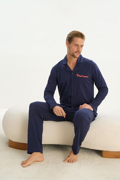 Sevim Σετ ανδρικές πιτζάμες Navy Blue - Μακρύ μανίκι, γιακάς πουκάμισου, μπροστινά κουμπιά C0T1N5O9