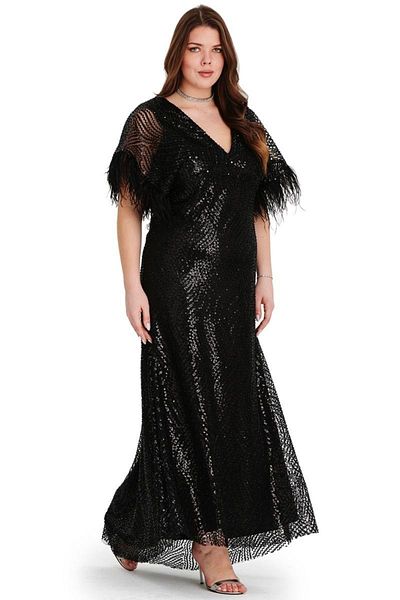 EVEN plus size Plus Size Black Sequined V-Neck Long Evening Dress