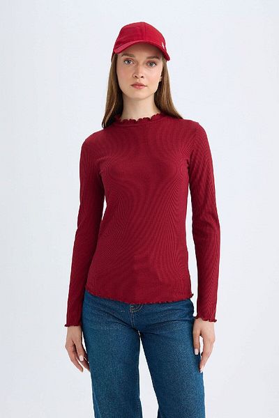 DeFacto Ribbed Burgundy Camisole T-Shirt - Half Turtleneck, Long Sleeve B2389Ax24Au