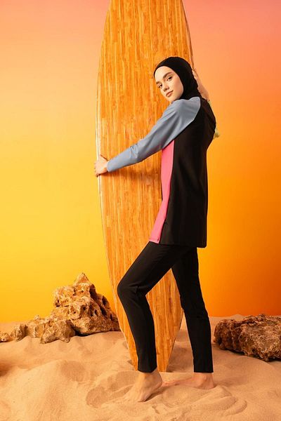 DeFacto 4-teiliges Basic Burkini Hijab-Badeanzug-Set mit Farbblock – reguläre Passform B5237ax24sm