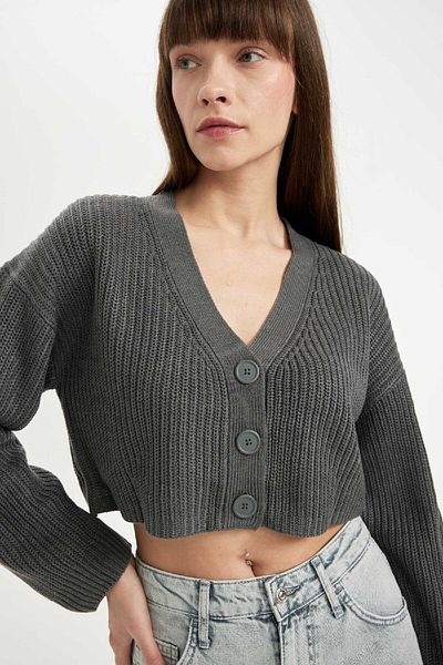 DeFacto Regular Fit V-Neck Basic Plain Buttoned Knitwear Cardigan U2052Az24Au