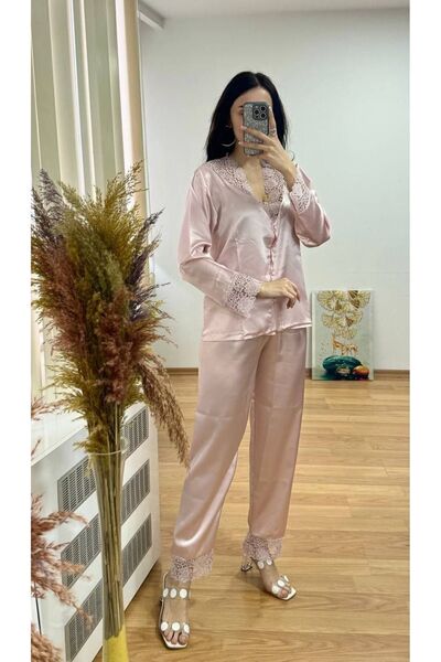SATTENS Lace and Guipure Embellished Women's Satin Pajama Set Powder
