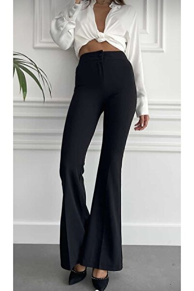 ŞULE BUTİK İspanyol Paça Yüksek Bel Krep Kumaş Siyah Pantolon