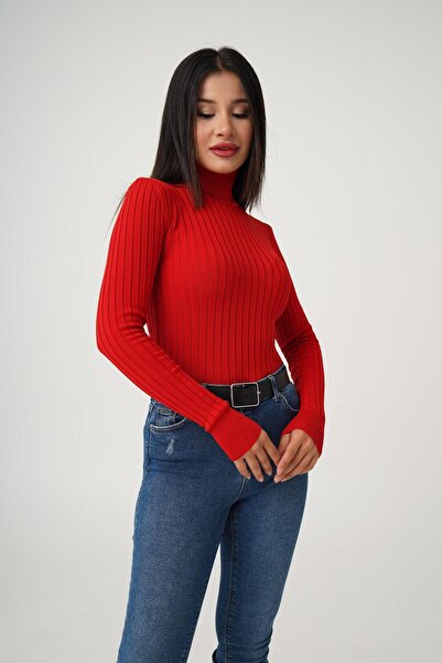 Hipo Trend Stretchy Corded Red Knitwear Sweater - Turtleneck