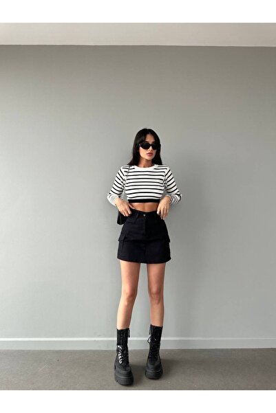 LB Laluna Butik Kadın Siyah Kargo Cepli Mini Şortlu Etek