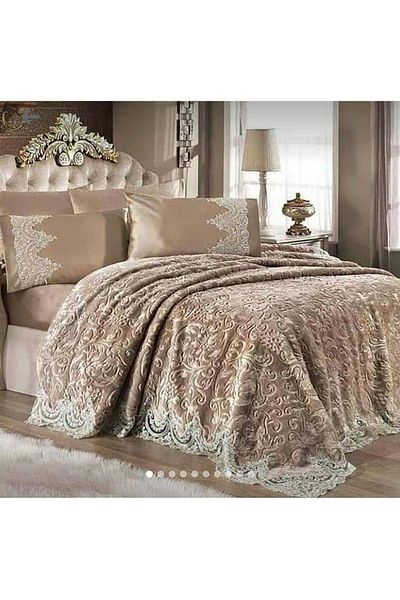 Kelebek Brown Double French Laced Blanket Set, Dowry Blanket Set