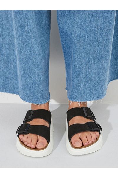 Birkenstock Arizona Chunky Vl Suede - Black High-Sole Cork Women's Slippers