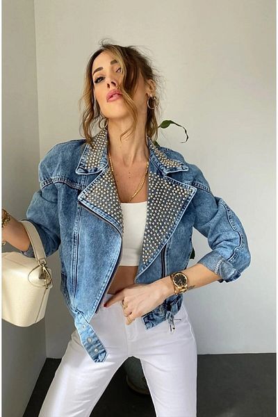 Lady Pixie Jachetă de blugi biker cu închidere încrucișată cu guler de piatră
