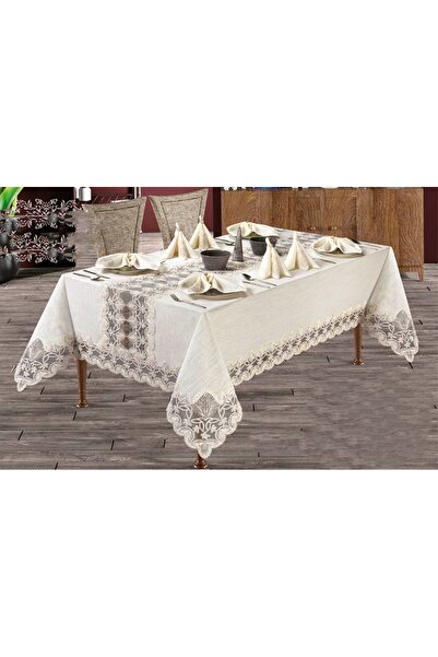 Haspen Sarmaşık Set 12 Peçeteli Linen Kumaş Fransız Güpürlü 25 Parça Lüks Yem...