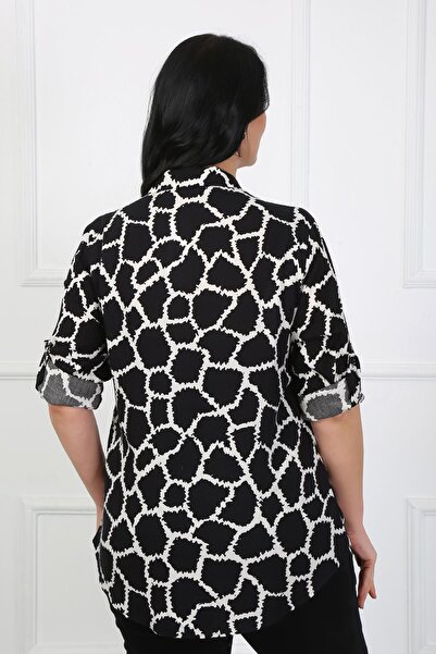 By Alba Collection Women's Black Patterned Cotton Viscose Large Size Shirt