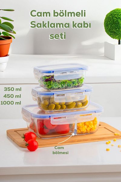 Porsima 3-Piece Por Set - Food Food Food Container with Lock and Lid, Glass Storage Container with Compartments, 350-450-1000 ml