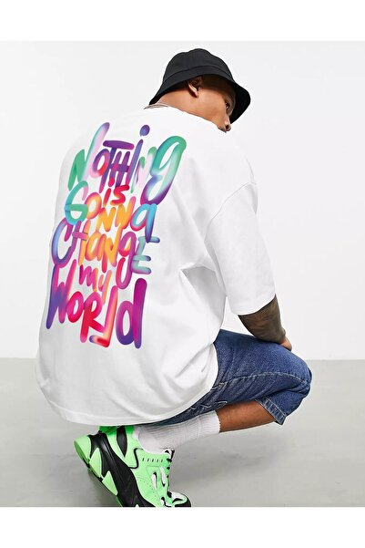 Ghedto تيشيرت ماي وورلد للجنسين مقاس كبير باللون الأبيض