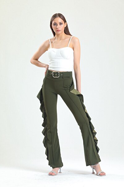 Sense Жовті штани з поясом і боковими воланами Scuba Krep_pnt32717 Hakı