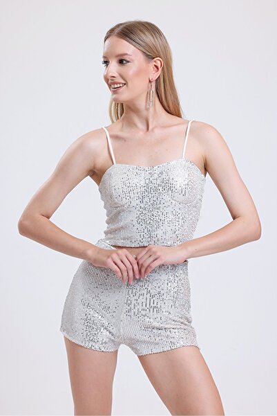 Sense Beli Lastikli Içi Astarlı Pul Payet Şort | Şrt35015 Gumus