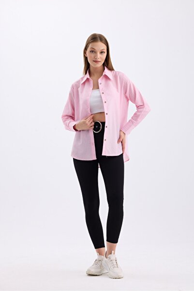 Sense Rahat Kalıp Uzun kol Kadın Çizgili Gömlek | Gml35705 Pembe