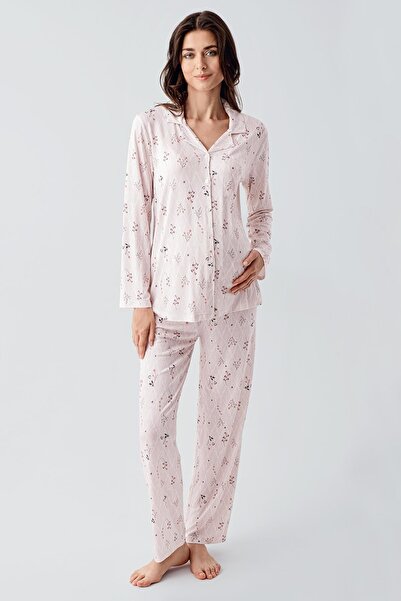 Artış Flexible Viscose Pajama Set - Long Sleeve and Patterned Buttoned