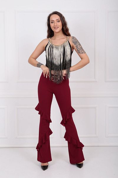 Sense 5 Cm Fabric Covered Waistbanded Preces 2 Flywheel Scuba Crepe Pants| Pnt33363 Claret Red