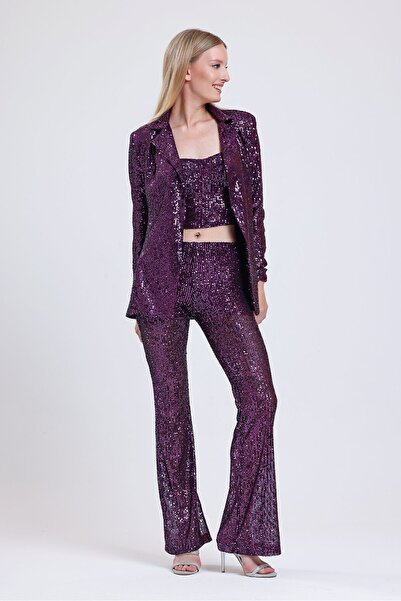 Sense Lined Stretchy Waist Sequin Sequin Pants |   Pnt32488 Purple